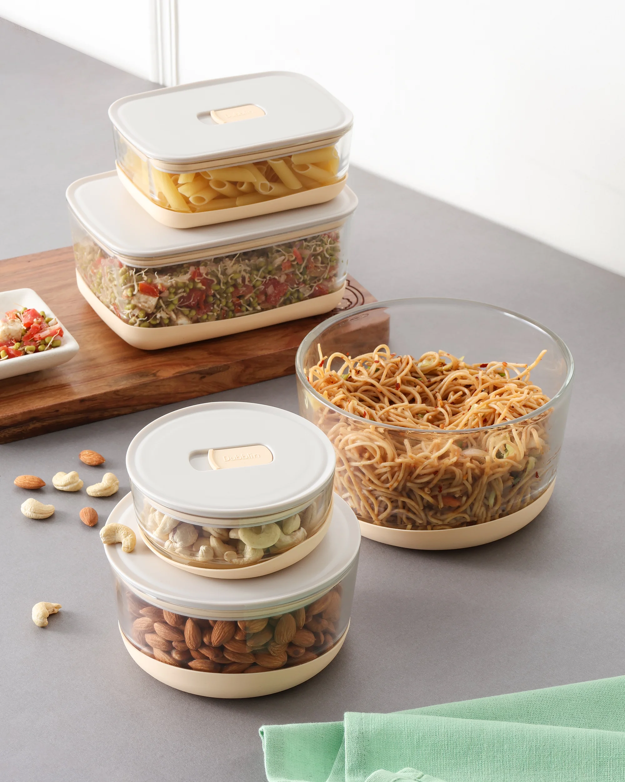 Posh Container Grey Set Of 5, Round 380ML, 900ML, 1750ML, Rectangle 600ML, 1400ML