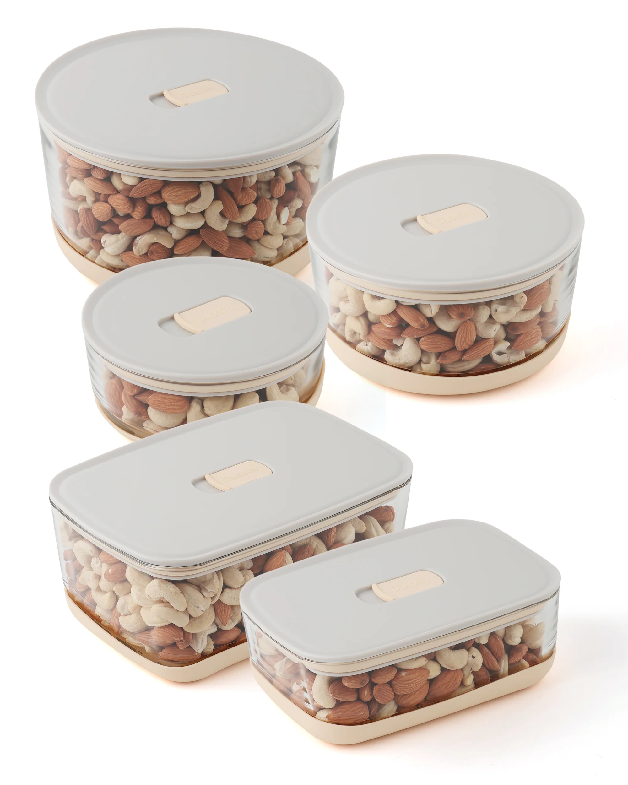 Posh Container Grey Set Of 5, Round 380ML, 900ML, 1750ML, Rectangle 600ML, 1400ML